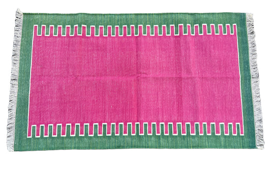 Modern Handmade Cotton Raspberry Pink And Green Zig Zag Striped Rug-6706