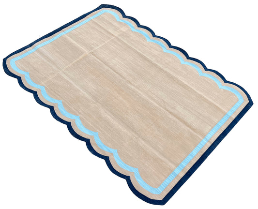 Modern Handmade Cotton Beige and navy Blue Scalloped Rug-9646