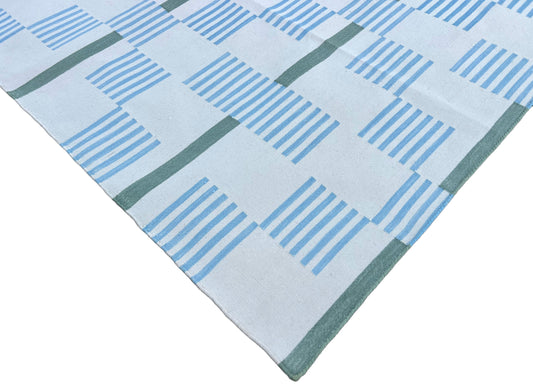 Modern Handmade Cotton Area Flat Weave Rug, Natural Vegetable Dyed, Sky Blue And Cream Geometric Star Indian Dhurrie-6716