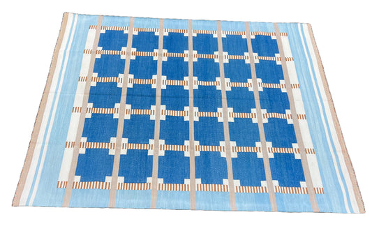 Modern Handmade Cotton Area Flat Weave Rug, Blue, Cream, Beige And Tan Geometric Dhurrie-6751
