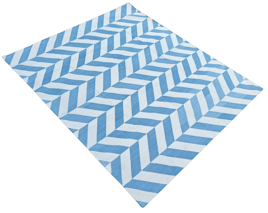 Modern Handmade Cotton Blue And White Zig Zag Striped Rug-6531