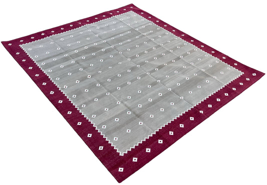 Modern Handmade Cotton Area Flat Weave Rug, Beige, Cream And Pink Diamond Indian Dhurrie-6728