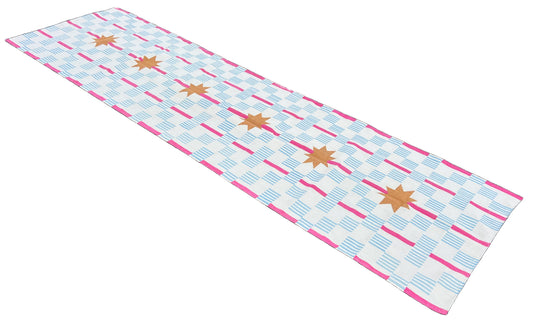 Modern Handmade Cotton Cream, Sky Blue Tan And Pink 4x14 Feet Star And Dash Runner-6749