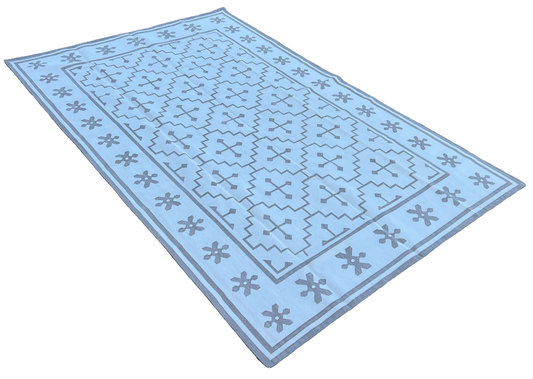 Cotton Flat Weave Cream And Beige Geometric Rug with Flower Border-6713