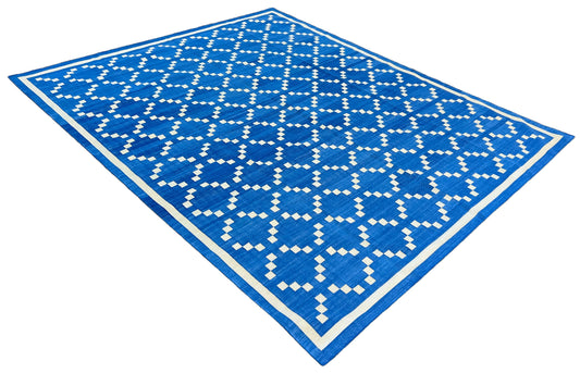 Modern Handmade Cotton Indigo Blue And Cream Diamond Rug-6738