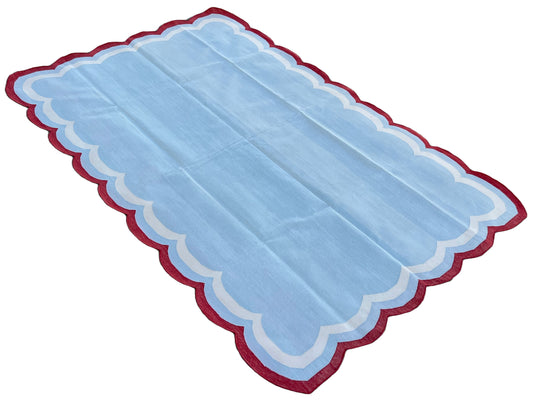 Modern Handmade Cotton Sky Blue, Cream and Red Scalloped Rug-9648