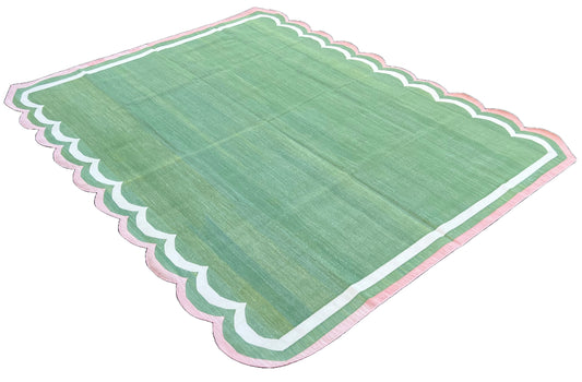 Modern Handmade Cotton Moss Green And Pink Border Two Sided Scalloped Rug-9645