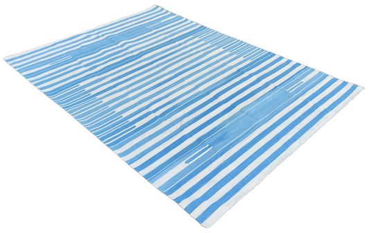 Modern Handmade Cotton Blue And White Candle Striped Rug-6745