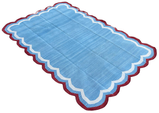 Modern Handmade Cotton Sky Blue, Cream and Red Scalloped Rug-9651