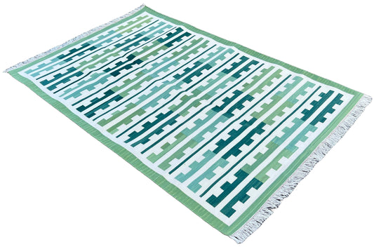 Modern Handmade Cotton Green And Cream Marianne Striped Rug-6739