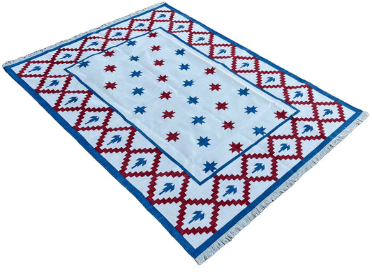 Modern Handmade Cotton Cream, Blue And Red Geometric/ Star Rug - MC-6726