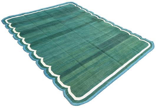 Modern Handmade Cotton Forest Green, Cream and Teal Blue Scalloped Rug-9649