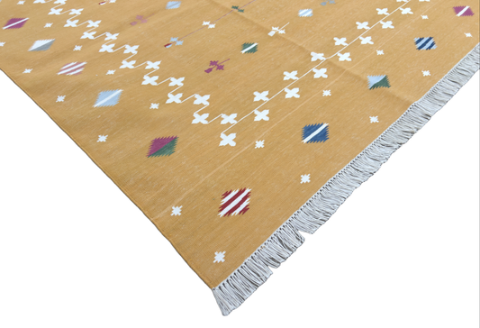 Cotton Mustard And White Shooting Star Rug-6529 for ARIANNA PANNONI in Size 8'x8'