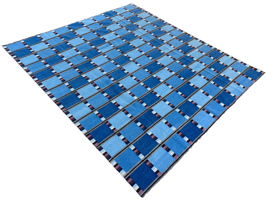 Modern Handmade Cotton Area Flat Weave Rug, Blue, Cream And Brown Checked Dhurrie-6724