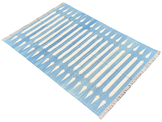 Modern Handmade Cotton Sky Blue And White Arrow Striped Rug-6746