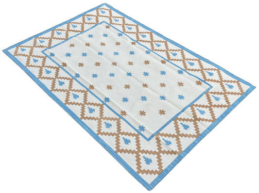 Modern Handmade Cotton Cream, Tan And Sky Blue Geometric/ Star Rug - MC-6722