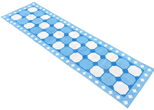 Modern Handmade Cotton Sky Blue And White Tile Swedish Runner-6733