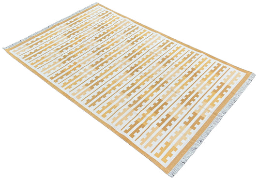 Modern Handmade Cotton Yellow And Cream Marianne Striped Indian Dhurrie Rug-6762