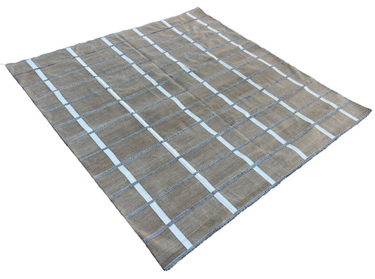 Modern Handmade Cotton Area Flat Weave Rug, Beige And Cream Checked Indian Dhurrie-6725