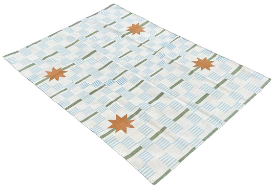 Modern Handmade Cotton Cream, Blue, Green And Tan Star Dash Striped Rug-6740