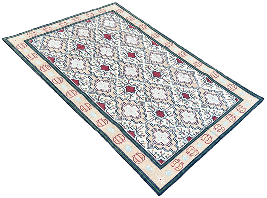 Modern Handmade Cotton Cream, Peach Red Leaf Geometric Indian Dhurrie-6741