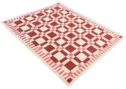 Modern Handmade Cotton Area Flat Weave Rug, Natural Vegetable Dyed, Red And Cream Geometric Indian Dhurrie-6710