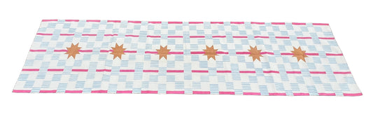 Modern Handmade Cotton Cream, Sky Blue Tan And Pink 4x14 Feet Star And Dash Runner-6749