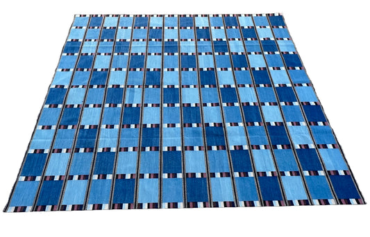 Modern Handmade Cotton Area Flat Weave Rug, Blue, Cream And Brown Checked Dhurrie-6724