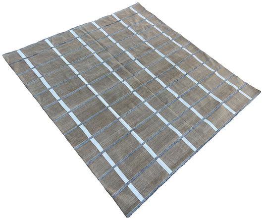 Modern Handmade Cotton Area Flat Weave Rug, Beige And Cream Checked Indian Dhurrie-6725