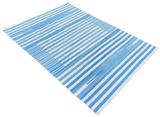 Modern Handmade Cotton Blue And White Candle Striped Rug-6745