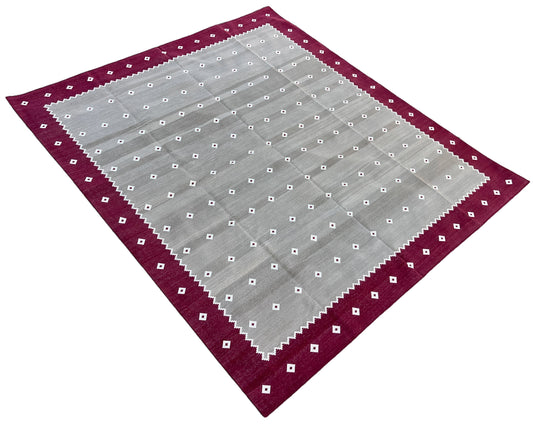Modern Handmade Cotton Area Flat Weave Rug, Beige, Cream And Pink Diamond Indian Dhurrie-6728