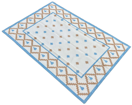 Modern Handmade Cotton Cream, Tan And Sky Blue Geometric/ Star Rug - MC-6722