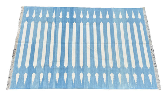 Modern Handmade Cotton Sky Blue And White Arrow Striped Rug-6746