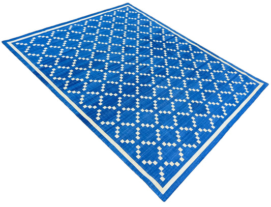 Modern Handmade Cotton Indigo Blue And Cream Diamond Rug-6738