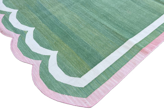 Modern Handmade Cotton Moss Green And Pink Border Two Sided Scalloped Rug-9645