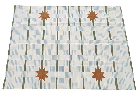 Modern Handmade Cotton Cream, Blue, Green And Tan Star Dash Striped Rug-6740