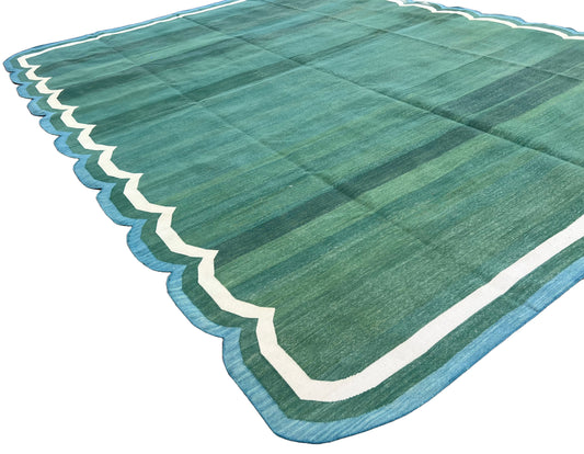 Modern Handmade Cotton Forest Green, Cream and Teal Blue Scalloped Rug-9649