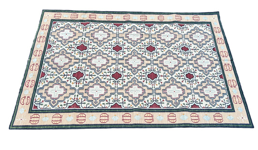 Modern Handmade Cotton Cream, Peach Red Leaf Geometric Indian Dhurrie-6741
