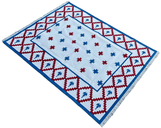 Modern Handmade Cotton Cream, Blue And Red Geometric/ Star Rug - MC-6726