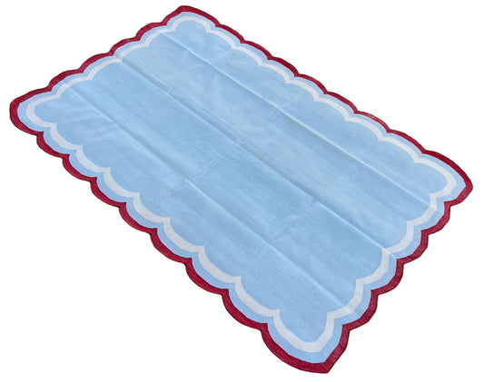 Modern Handmade Cotton Sky Blue, Cream and Red Scalloped Rug-9648