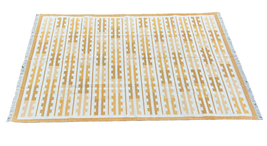 Modern Handmade Cotton Yellow And Cream Marianne Striped Indian Dhurrie Rug-6762
