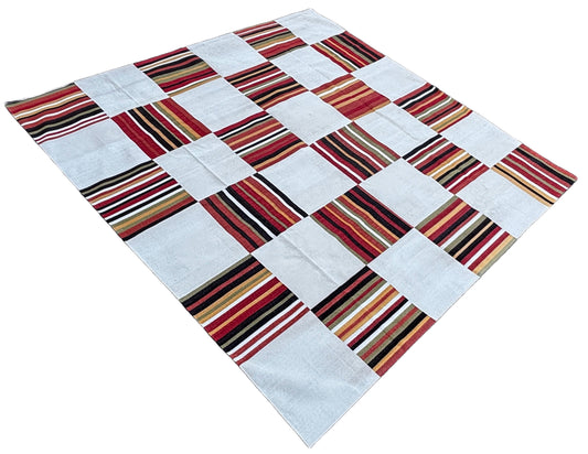 Modern Handmade Cotton Rug, 10x10 Cream, Red, Green, Brown Tile Striped Rug-6768