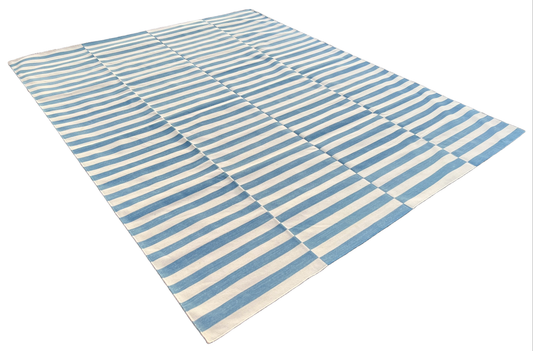 Modern Handmade Cotton Blue And White Flat Weave Up Down Striped Rug-6499