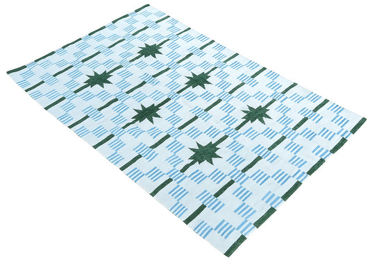 Modern Handmade Woolen Cream, Blue And Green Star And Dash Striped Rug-6743