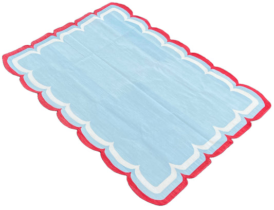 Modern Handmade Cotton Sky Blue, Cream and Red Scalloped Rug-9659