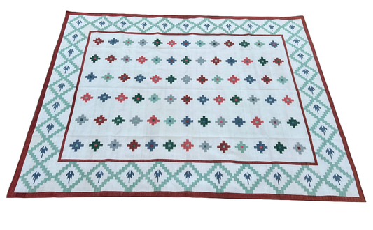 Modern Handmade Cotton Cream, Green And Red Geometric Star Rug-6530