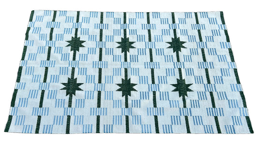 Modern Handmade Woolen Cream, Blue And Green Star And Dash Striped Rug-6743