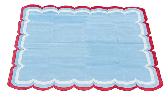 Modern Handmade Cotton Sky Blue, Cream and Red Scalloped Rug-9659