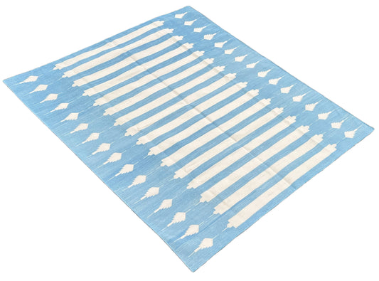 Modern Handmade Cotton Sky Blue And White Arrow Striped Rug-6747