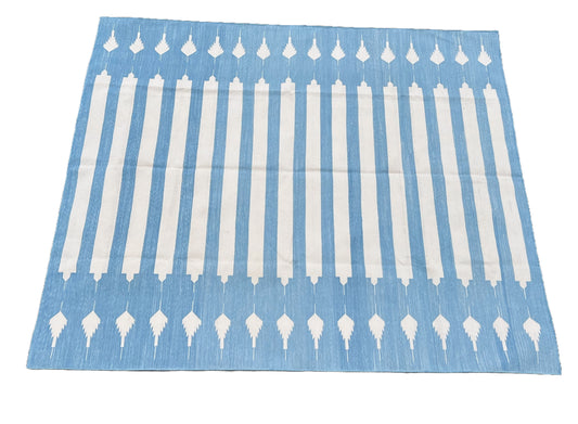 Modern Handmade Cotton Sky Blue And White Arrow Striped Rug-6747